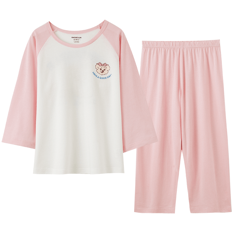 YING BO LUN Children's Pajamas Spring And Summer Three-Quarter Sleeve Pure Cotton Girls' Home Wear Set Kids Air Conditioning Clothes 316 Pink Purple 130
