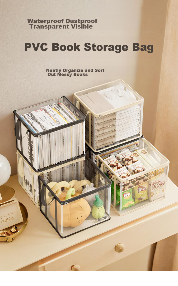 Yuzijian Book Storage Bag, Graduation Old Book Organizer, Handheld Book Carrier, Foldable Book Storage Bag, Transparent Cartoon Design - Large Cream Color, 7719 1