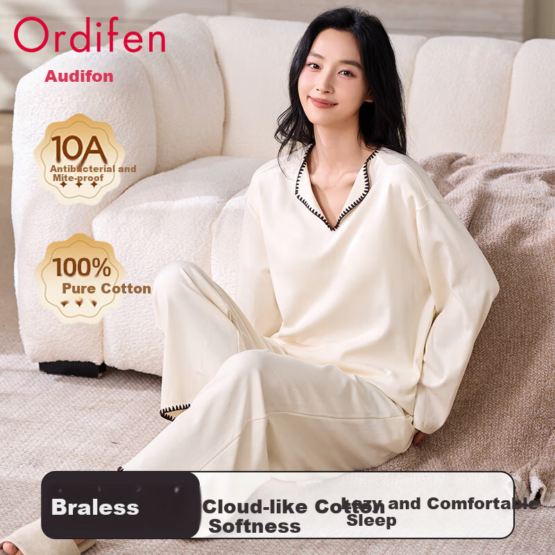 Женская пижама Ordifen, 100% хлопок, осень-зима, антибактериальная, с лацканами, размер L, белый
