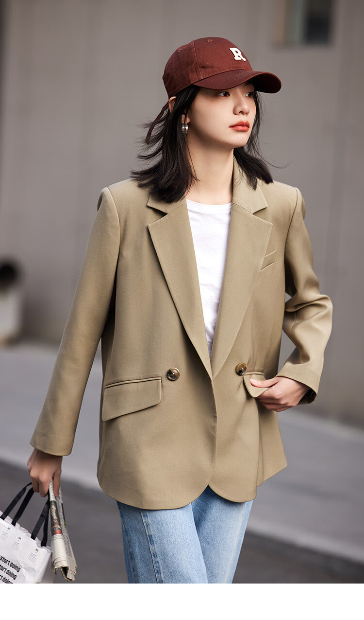 Dme [Turn-Down Collar Blazer] Spring Top, Curved Hem, Loose Suit Jacket for Women, Khaki, Size S 10