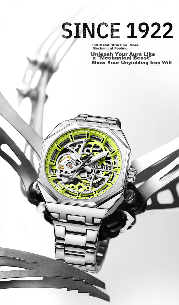 Dickies Men's Mechanical Skeleton Watch with Luminous Hands, Fashionable Mechanical Timepiece Gift, New Model CL-549 for 2026, Gree 8