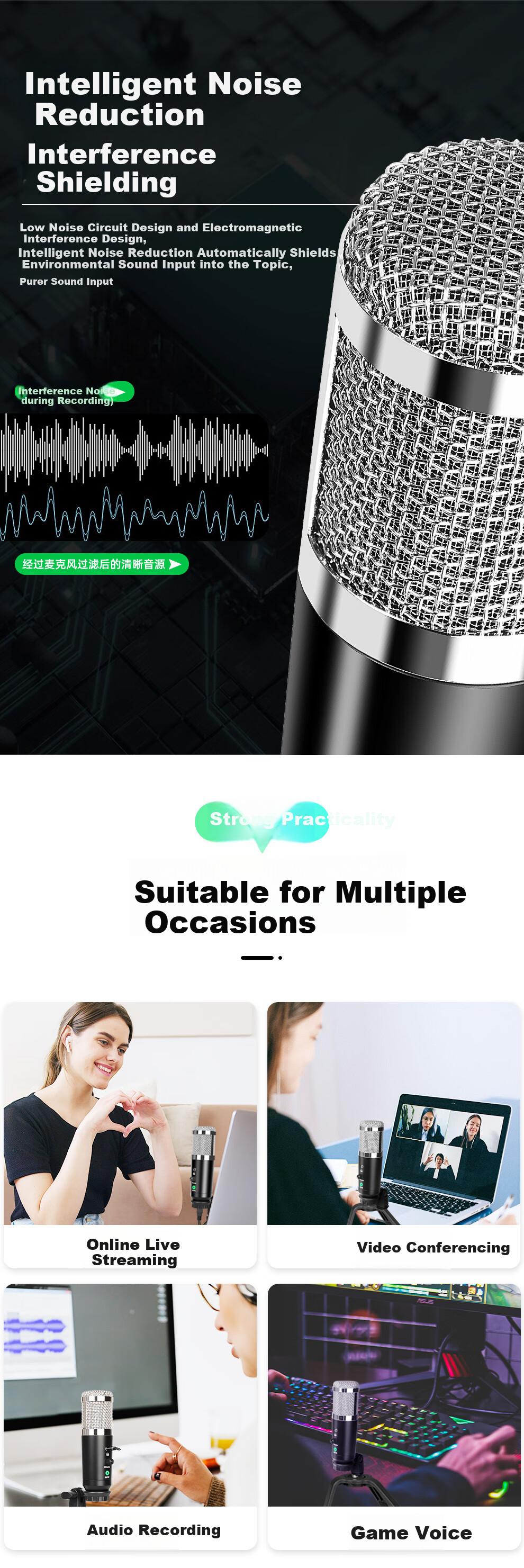 Depusheng A9 USB Microphone for Live Streaming, Compatible with Phones And Computers, for Online Classes, Recording, Voice Overs, Karaoke, Gaming, Livestreaming, TikTok Videos, And Course Materials, Professional Sound Card Microphone with Condenser Capsule, Type-C Connector 4