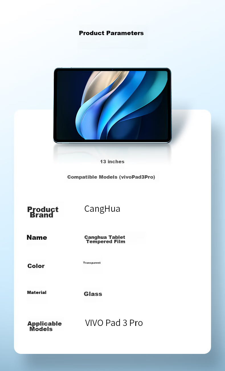 CangHua Tempered Glass Screen Protector for Vivo Pad5Pro/3Pro, 13-Inch IQOO Pad5Pro/2Pro Tablet Tempered Glass Film, Full Screen Coverage Protective Film for Vivo Computer 13