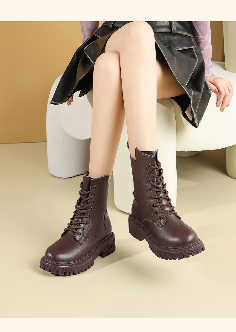 DAPHNE Black Martin Boots for Women, 2025 Autumn And Winter Fleece-Lined Leather Boots, Thick-Soled British Style Heightening Boots, Ankle Boots 8