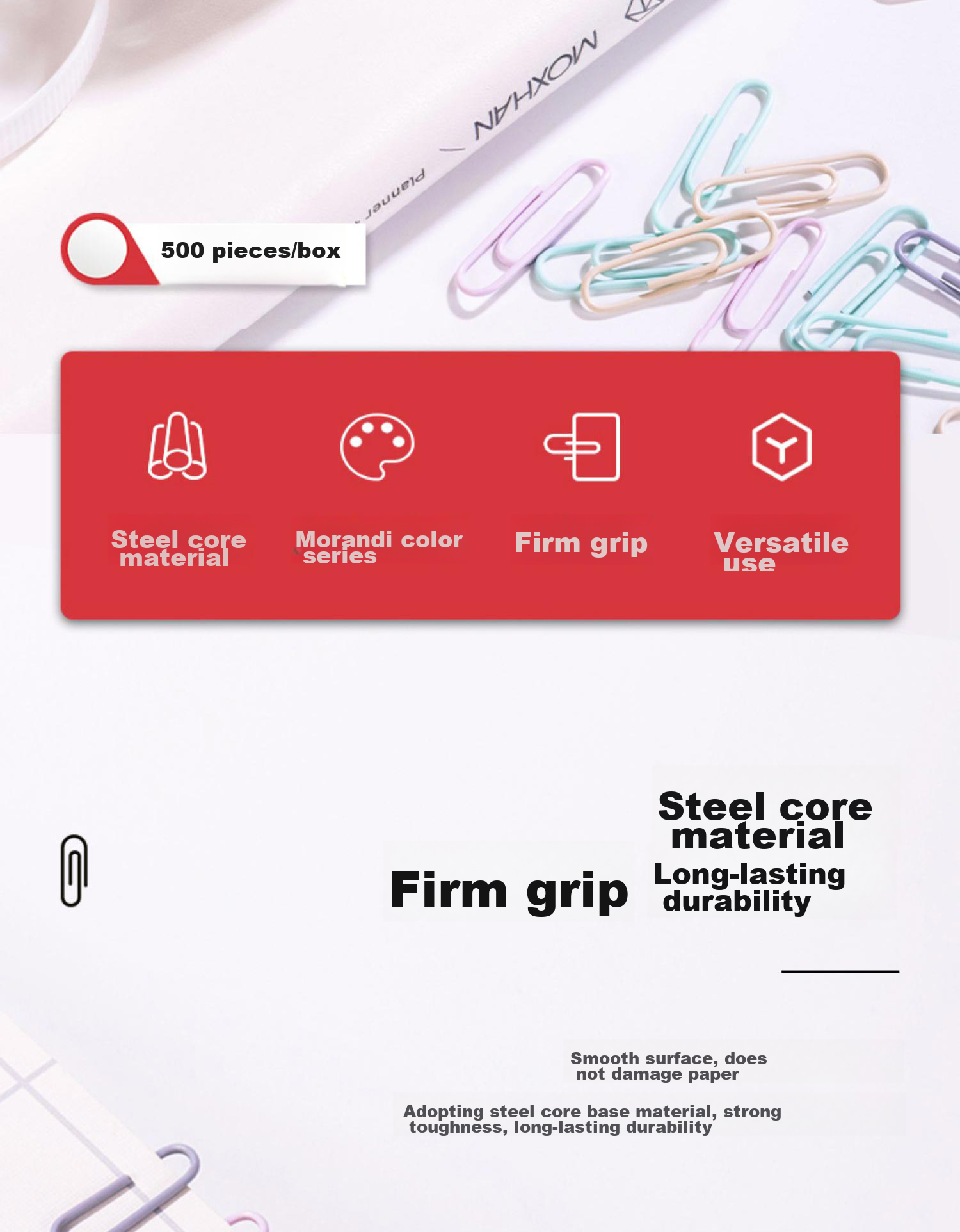 Licao Large Colorful Metal Paper Clips, Office Supplies, Document Organization, Morandi Colors, Nickel-Plated, Rust-Resistant, 500 Pieces in A Bucket 3