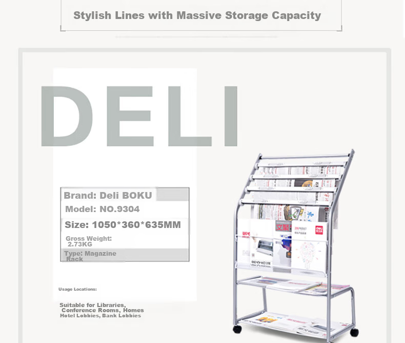 Deli Five-Tier Business Aluminum Alloy Clip Newspaper Rack Magazine Stand Library Bookshelf Newspaper Holder Floor-Standing Display Rack for Promotional Materials, Height 1.05 Meters 13