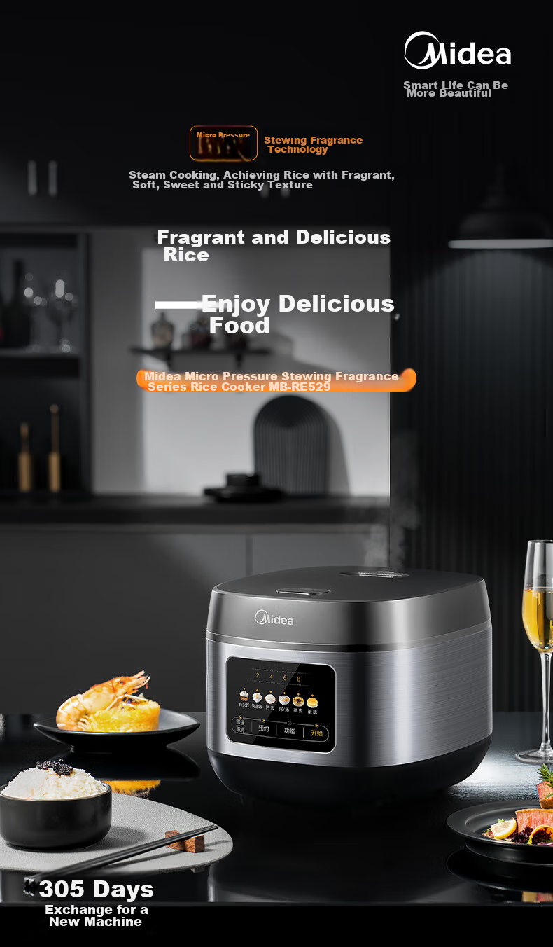 Midea Micro-Pressure Rice Cooker for 3-10 People, Large Capacity Household Electric Rice Cooker, Smart Reservation, Multi-Functional for Soup Cooking, Rice, Grains, Porridge, Versatile Pot, Metal Body 1