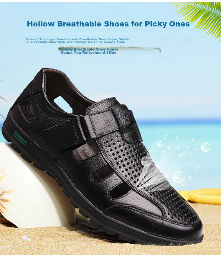 EGCHI Men's Sandals, Hollow-Out Slip-On, Top-Grain Leather, Velcro Casual Leather Sandals, J8838, Black, Size 39 4