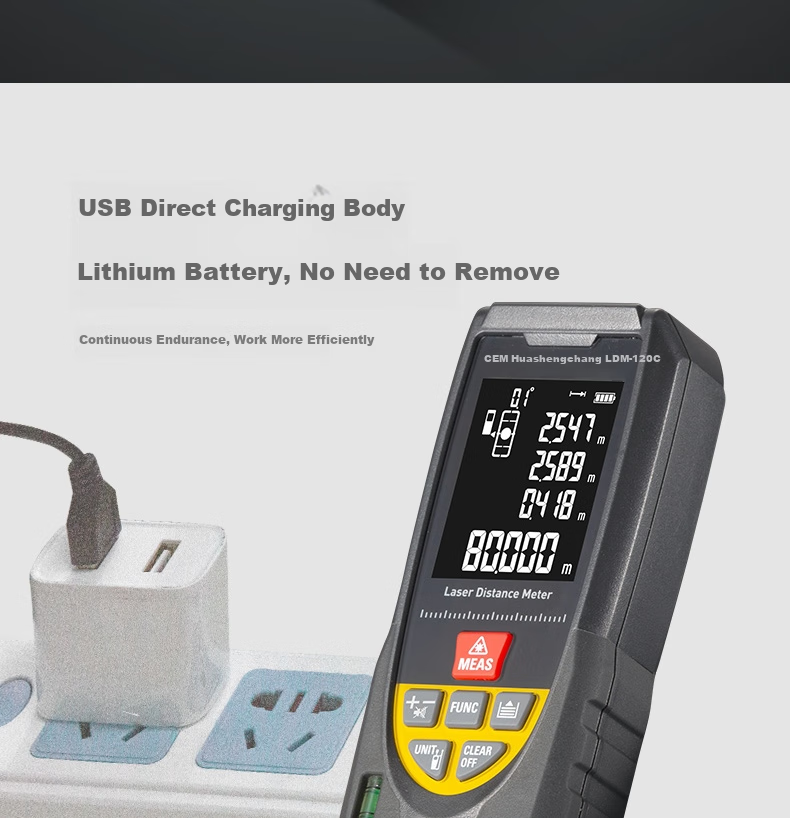 CEM LDM-120C Laser Distance Meter, High-Precision Laser Infrared Room Measuring Device, Electronic Ruler with Voice Playback, USB Direct Charging 6