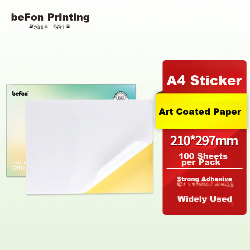 Befon A4 Self-Adhesive Coated Paper, Adhesive Sticker, Computer Printing Label Paper, Coated 210*297mm, 100 Sheets/pack