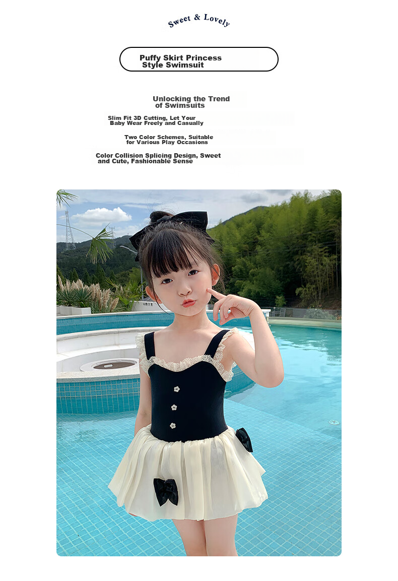 F.DYRAA Girls' One-Piece Swimsuit, Princess Dress Style, Cute Design for Little Girls, Suitable for Hot Springs And Swimming, Model 32643, Black, Size 3XL 2