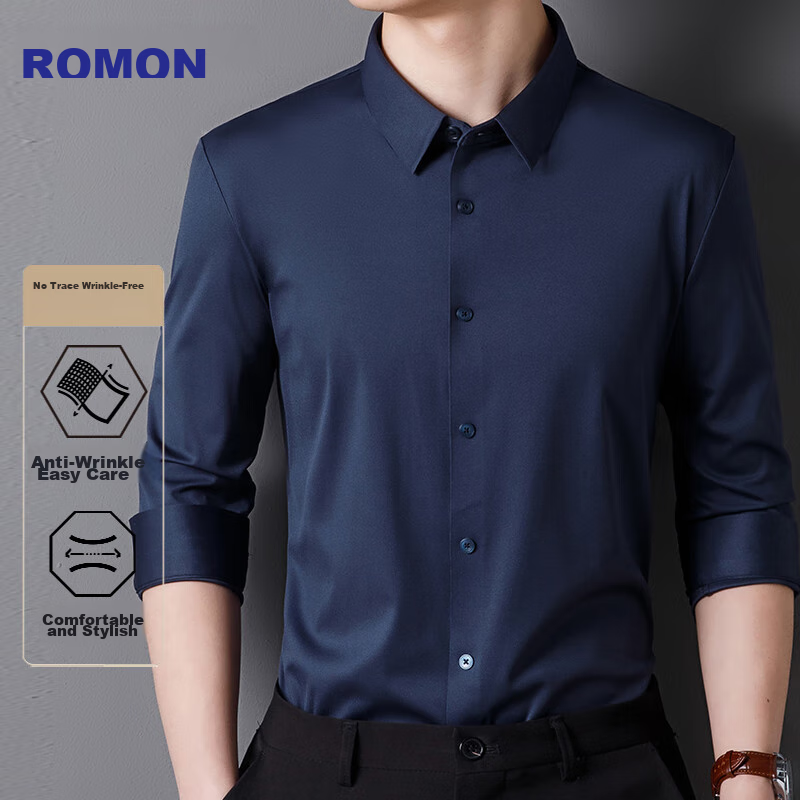 Рубашка ROMON для мужчин, без морщин, с длинным рукавом, для молодежи и среднего возраста, однотонная, деловая повседневная, эластичная, отцовский стиль