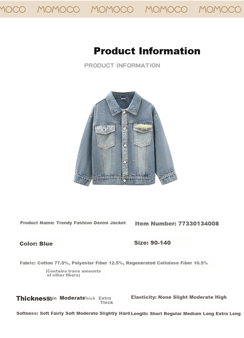 MOMOCO Boys' Denim Jacket, Children's Trendy Cool Outerwear for Fall 2026, Blue, Size 10, Color 105 4
