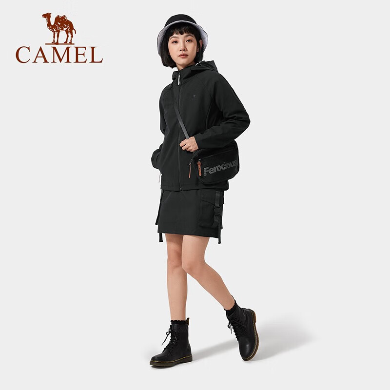CAMEL Outdoor Men's Fleece-Lined Thickened Hooded Softshell Jacket Spring Autumn Water-Repellent Windproof Running Coat for Women