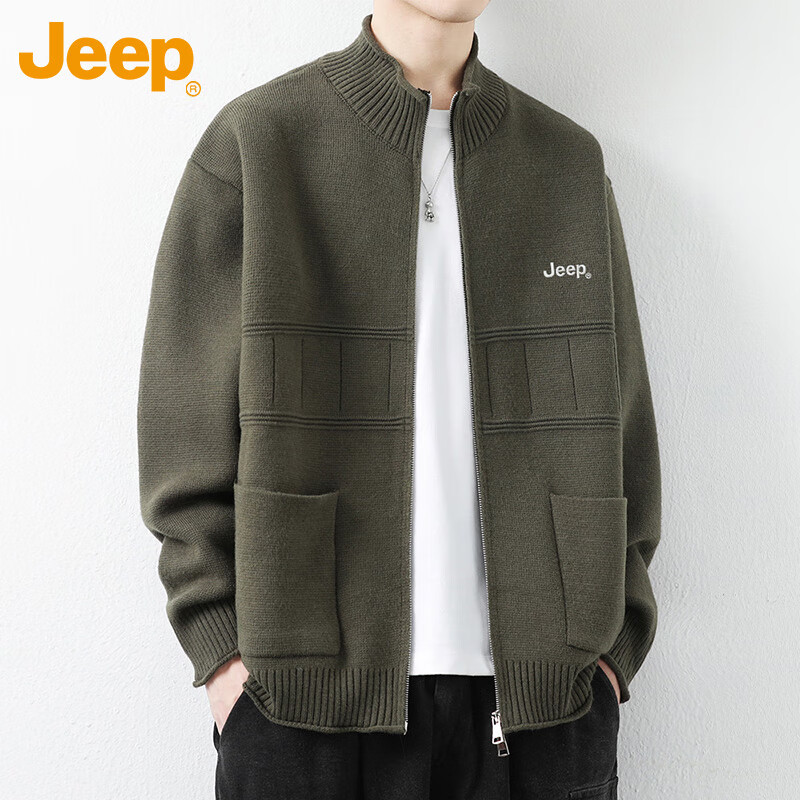 JEEP Men's Winter Thickened Cardigan Sweater Loose Fit Premium Knitwear Gray Green M