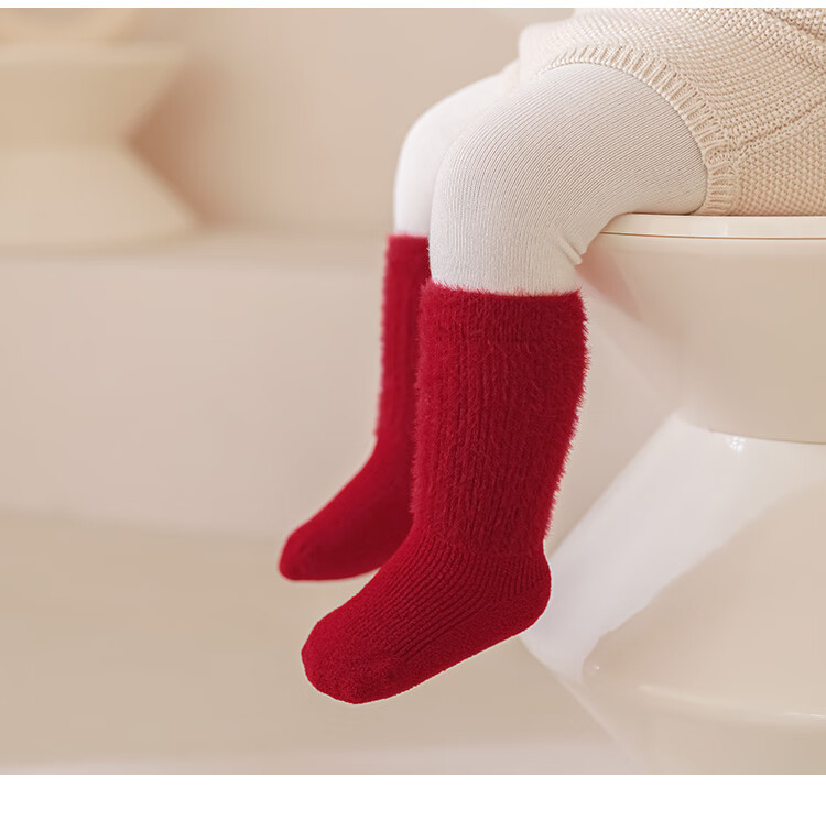Five Cotton Flowers Children's Socks Red Socks for Birth Year Autumn Winter Baby Socks Fleece Thickened New Year Seamless Mid-Calf Baby Socks 18