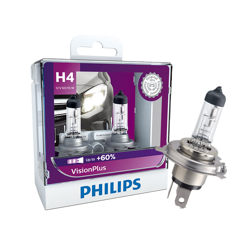 PHILIPS Car Headlight Bulb, Halogen Lamp, Jin Yao Guang H4, Color Temperature 3250K [60% Brighter, 2-Pack]