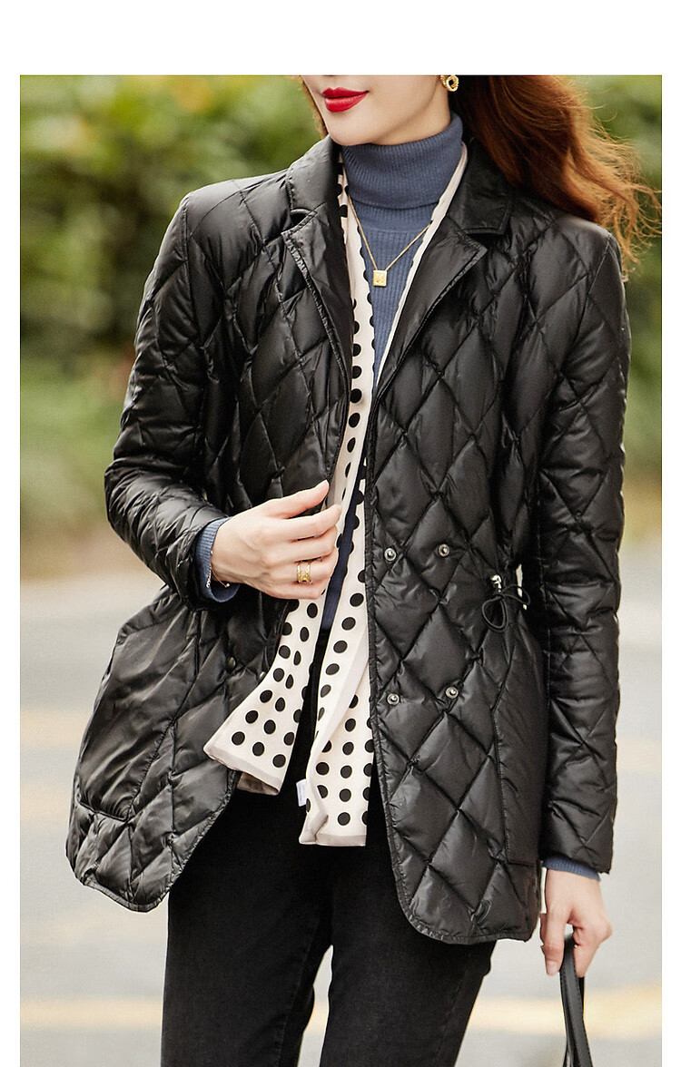 Dme Diamond Pattern Short down Jacket, Winter Commute Style, Lapel Collar, Drawstring Waist, Diamond Pattern Suit Style down Jacket for Women, Short Style 17