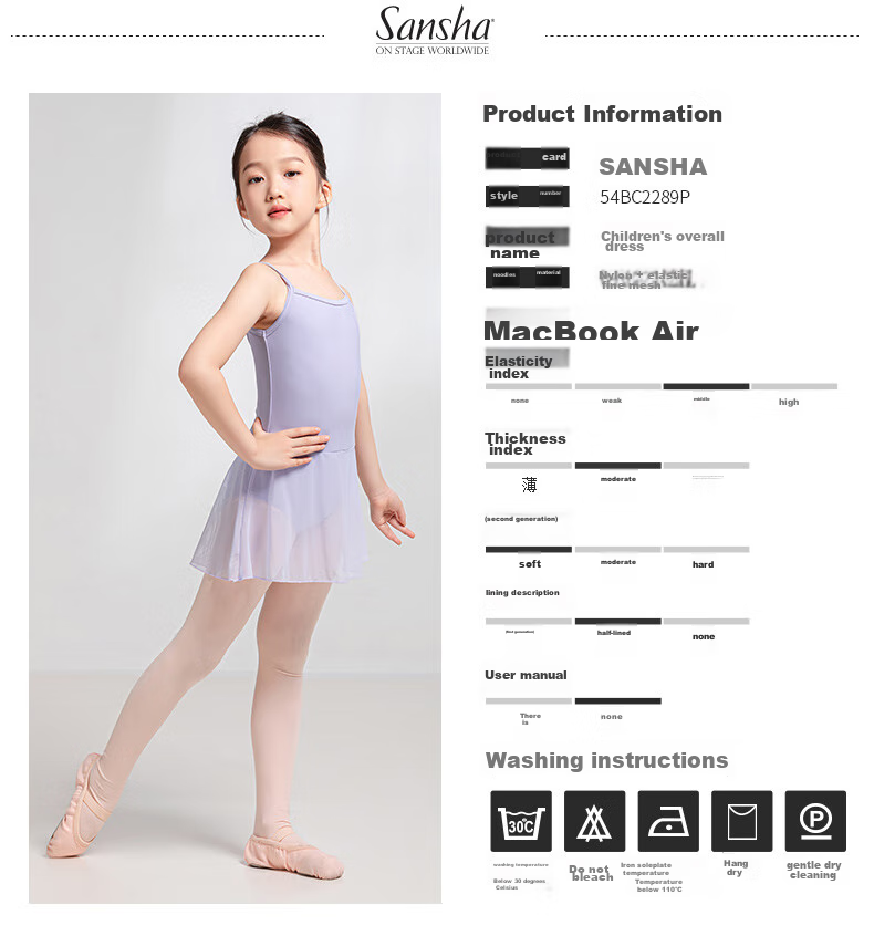 Sansha Children's Spaghetti Strap Dance Leotard for Girls, Ballet Practice Outfit, One-Piece Dress with Skirt, Training Wear, White, Size M 2