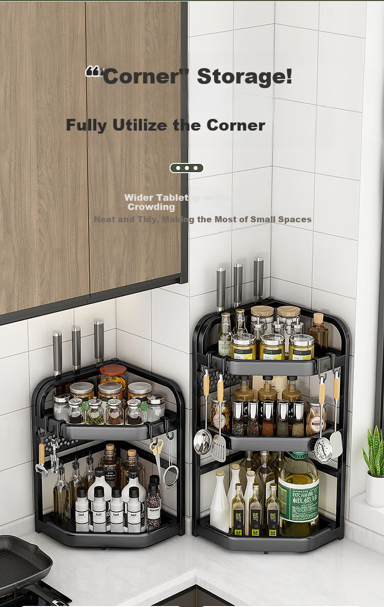Jiuqiangu Corner Spice Rack, Kitchen Storage Shelf, Seasoning Bottle Holder with Hooks, Large Capacity Countertop Organizer Basket 6356 15