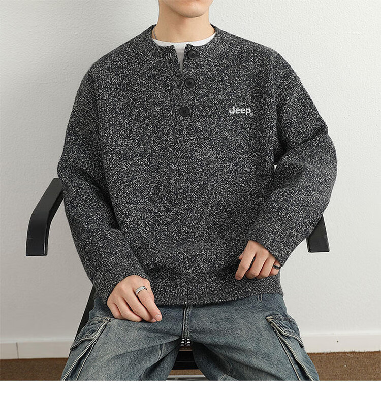 JEEP Men's Winter Sweater Thickened Warm Knitted Shirt Light Gray XL 9