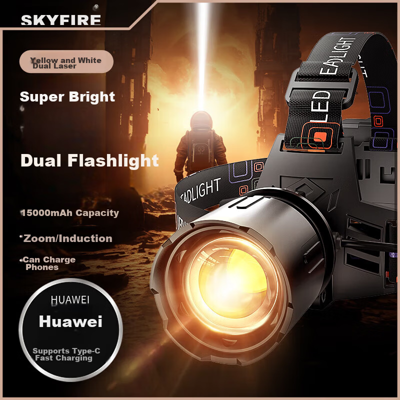 SkyFire Headlamp, High-Intensity Rechargeable Ultra-Bright Head-Mounted Flashlight, Specially Designed for Fishing, Motion Sensor, Long Battery Life