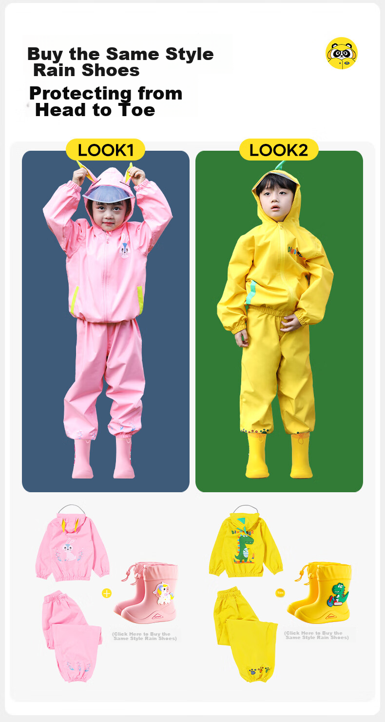 Moremerry Children's Raincoat Two-Piece Set, Boys And Girls Kindergarten Waterproof Rain Pants, Baby Rain Poncho, Yellow Dinosaur Set, Size S 15