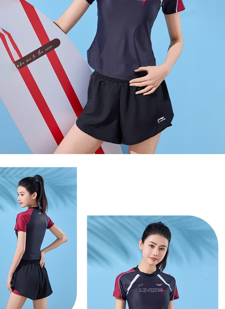 Li-Ning Women's Swimsuit, Sports Casual Fashion Two-Piece Boyshort Swimwear, Tummy Control Slimming Hot Spring Swimwear 482 Black And Red M 15