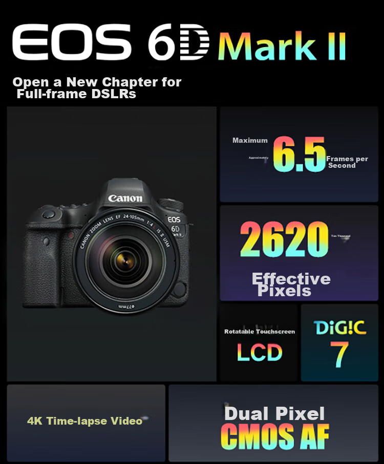 Canon [Official Flagship] 6D2 Professional Full-Frame DSLR Camera, 4K Time-Lapse Short Film, High-Definition Portrait Shooting, 6D Second Generation Canon Vintage DSLR Camera Body 2