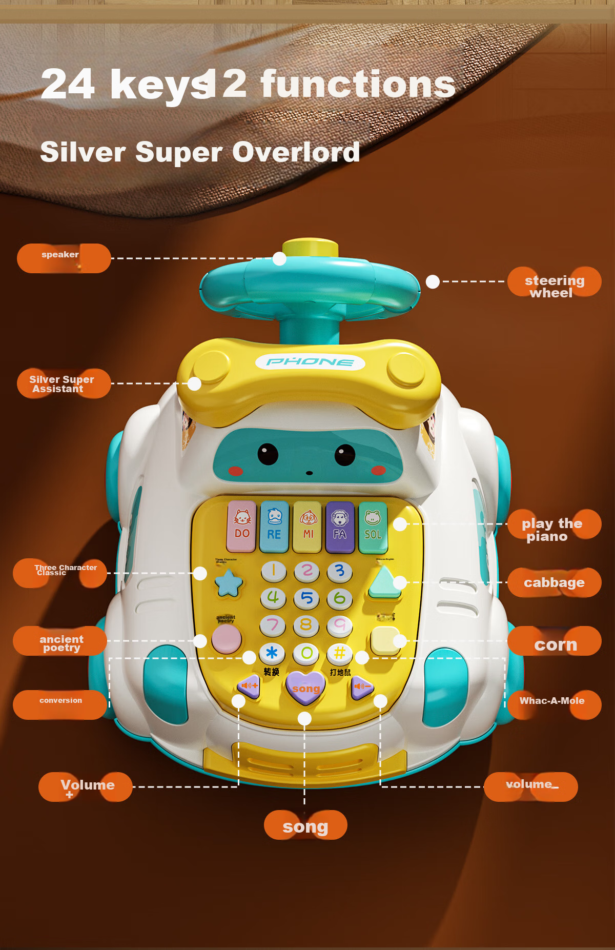 Xinge Children's Telephone Toy, Baby Early Education, Multifunctional Realistic Landline Phone, Car-Themed Birthday Gift for Toddlers 3