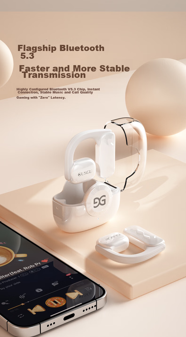GUSGU Open True Wireless Bluetooth Earphones, Ear-Hook Style Non-In Music Sports Bone Conduction Concept Earphones, Compatible with Apple Huawei Xiaomi Phones, Black GU11 11