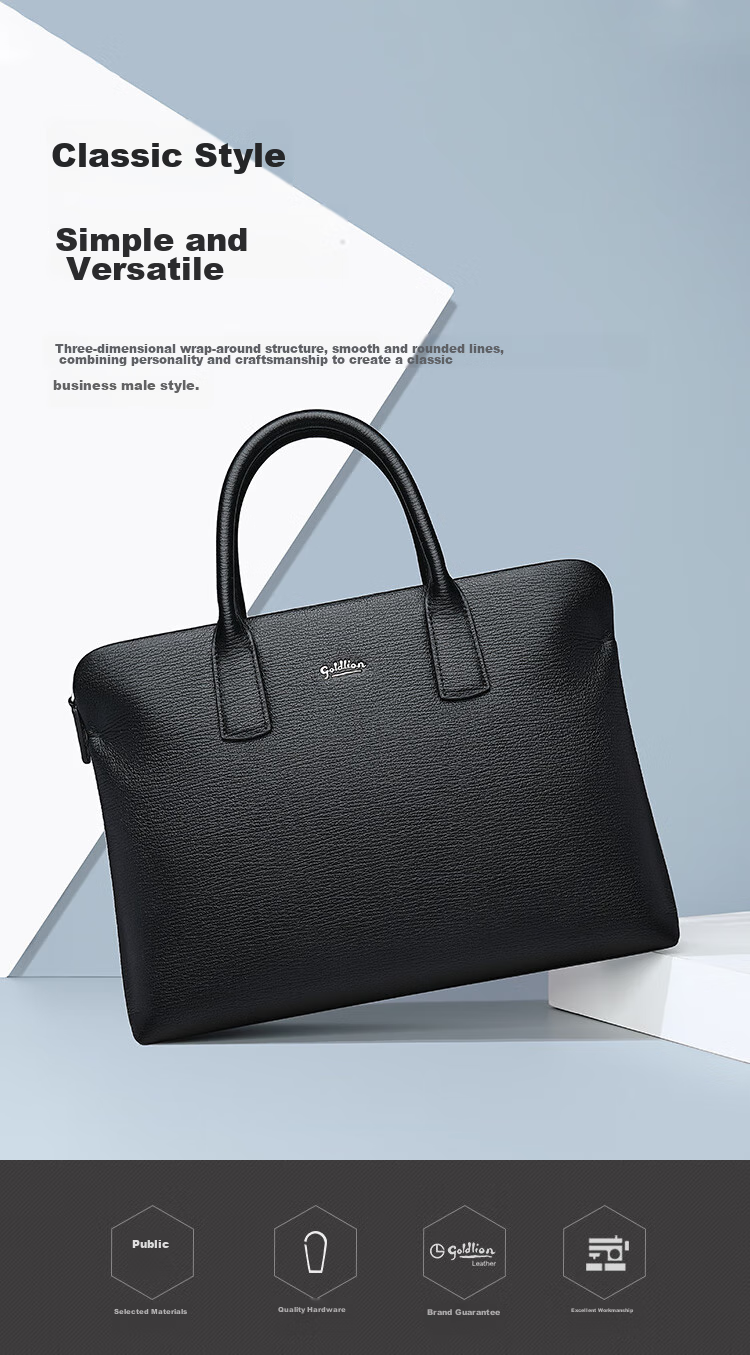 Goldlion Leather Briefcase, Top-Grain Cowhide Handbag, Business Men's Bag, Large Capacity Laptop Bag, Birthday Gift 4
