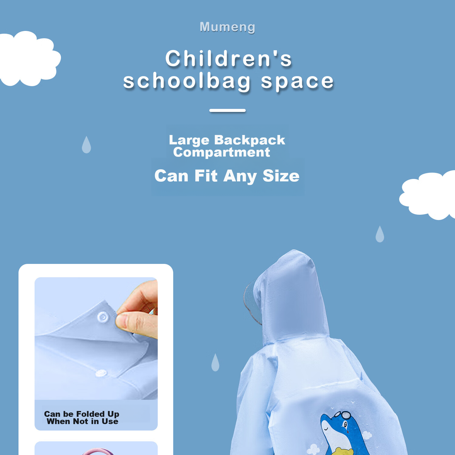 Moremerry Children's Raincoat for Boys And Girls, Full-Body Waterproof with Backpack Space, Elementary School Students' Specialized Rain Poncho, Little Dolphin Design, Size 3XL 4