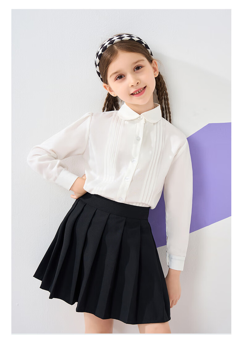 Luomeng Children's Shirt, Girls' Long-Sleeve Blouse, School Spring And Autumn Style, Fashionable Undershirt, White Pleated Long-Sleeve Shirt, Size 150 15