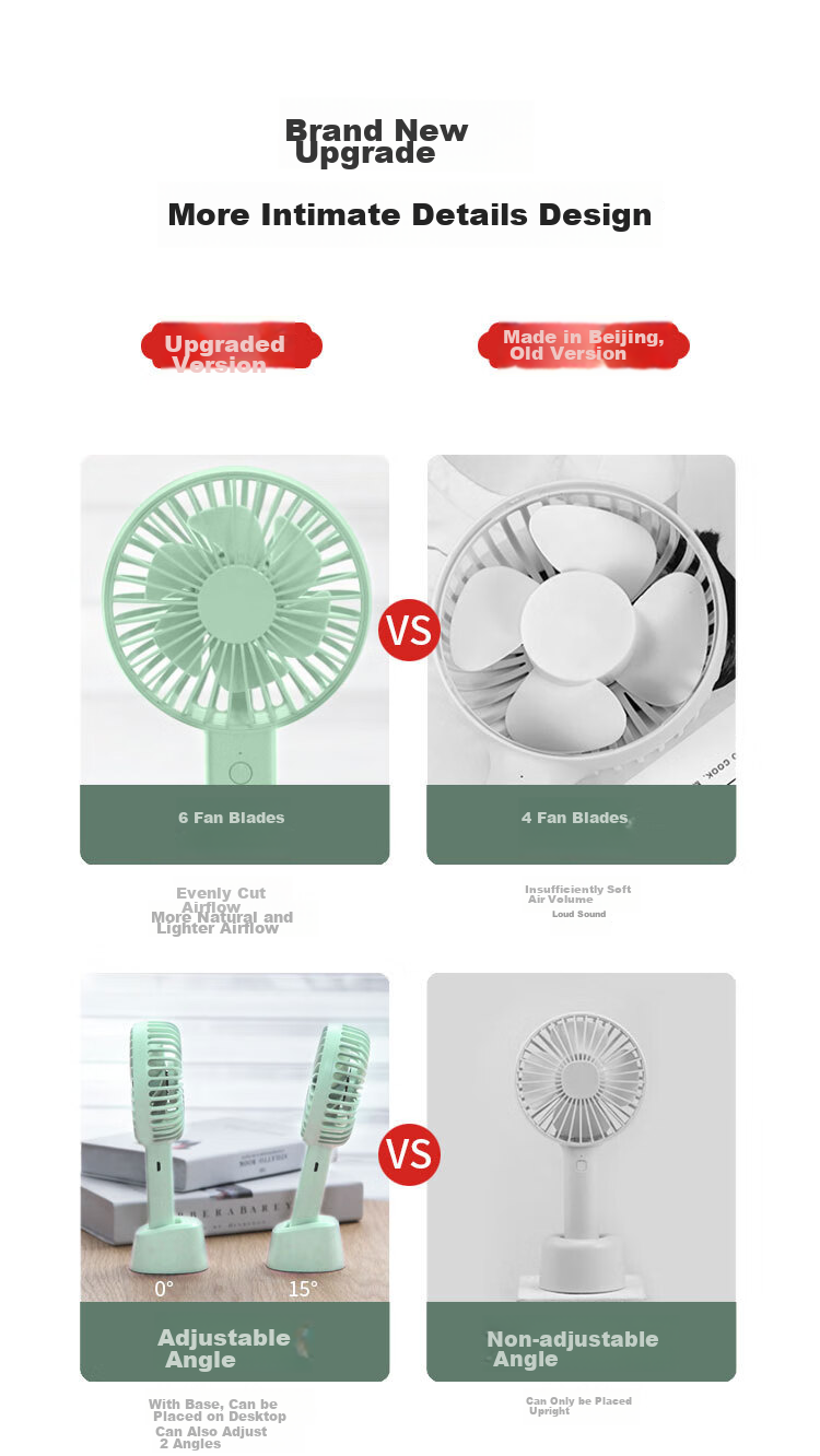 JD Original Handheld Desktop Dual-Use Portable Mini Fan, USB Rechargeable Quiet High-Power Electric Fan, Compact Personal Outdoor Camping Mini Desktop Fan, Mint Gree 2