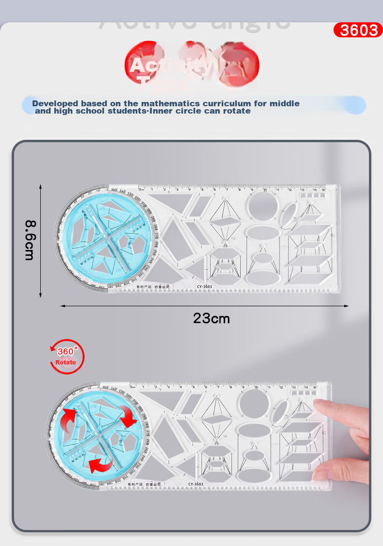 DiLe Multifunctional Rotating Drawing Ruler, Math Geometry Circle Measuring Protractor Triangle Straight Ruler Parallel Ruler Student Creative Drawing Tool Stationery, 2694 Pure Blue 13