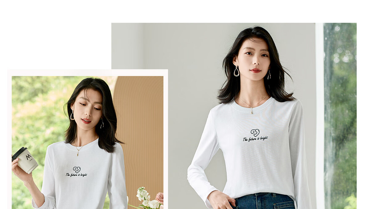 Chushen Women's Spring and Autumn Long Sleeve T-Shirt Pure Cotton Basic Loose Letter Print Crew Neck Top S143T2013 20