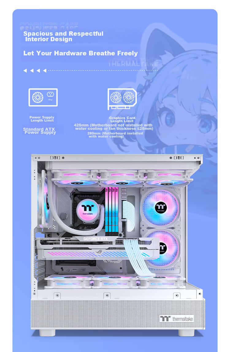 Thermaltake (Tt) Steel Shadow Transparent S Seaside View Case Computer Tower White (ATX Motherboard / Supports 360mm Water Cooling / 270° Panoramic View / 9 Fan Positions / 4090 Graphics Card) 11