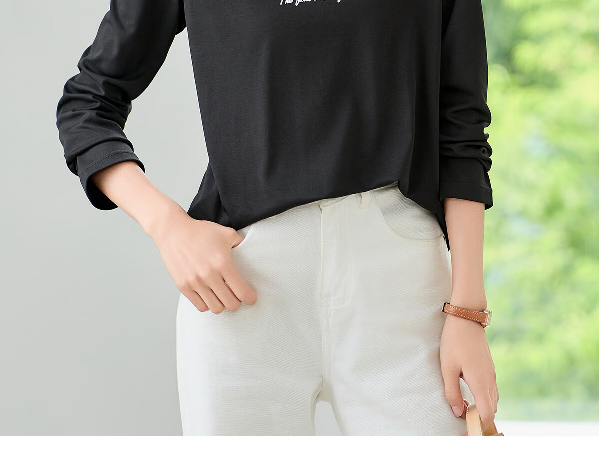 Chushen Women's Spring and Autumn Long Sleeve T-Shirt Pure Cotton Basic Loose Letter Print Crew Neck Top S143T2013 3