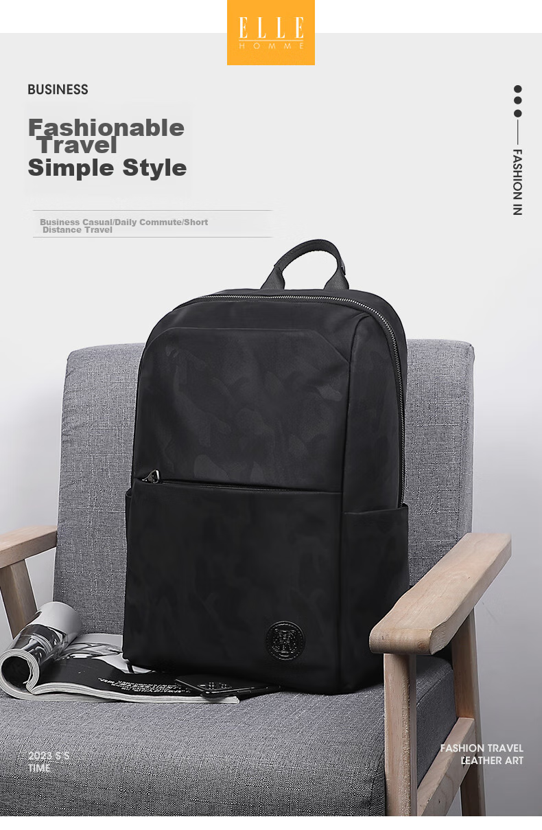 ELLE HOMME Men's Backpack, Large Capacity, Trendy Camouflage Fabric Backpack for Men, Fashionable Casual Laptop Bag, 00860 Black 1