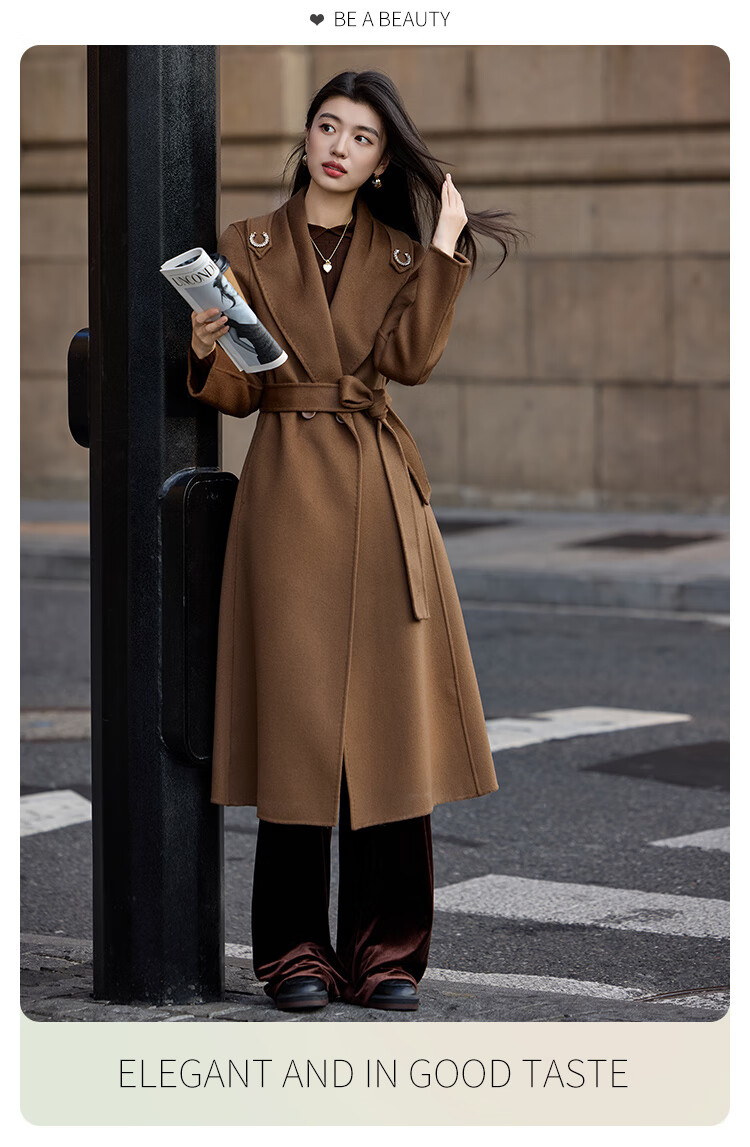 Bailu Elegant Commuter Double-Sided Wool 25 Winter New Belted Slim Fit 100% Wool Coat Women French Red L 8