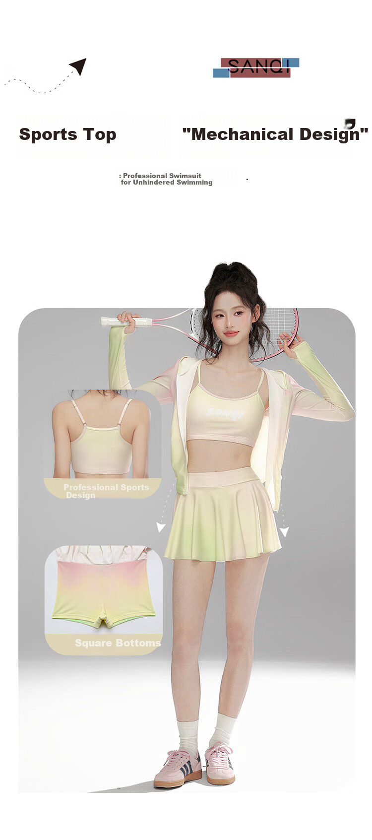 Sanqi Two-Piece Swimsuit for Women, Three-Piece Set with Cover-Up And Skirt, Conservative Long-Sleeve Hooded Swimwear for Vacation, Hot Springs, And Slimming, XL Size 2