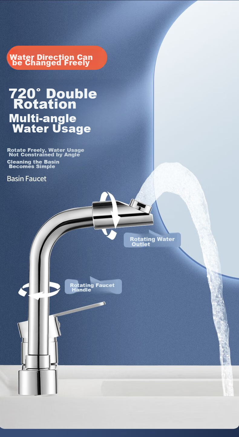 BSITN Double-Hole Basin Faucet, Washbasin Cold And Hot Thickened Brass 720° Rotating Bathroom Faucet B8057 4