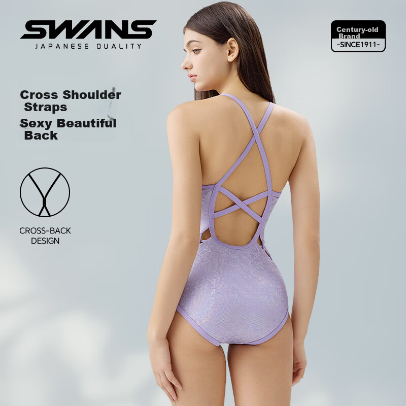 SWANS Women's One-Piece Swimsuit, Triangle Design, Chlorine-Resistant, Sun Protection, Water-Repellent, Professional Training, Quick-Drying, Slim Fit Swimwear, Purple, M Size