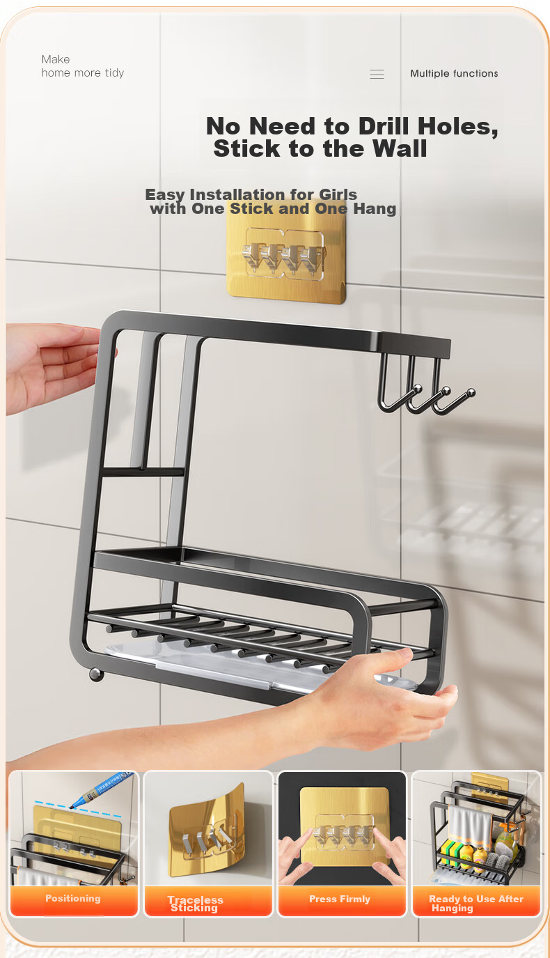 Shuaishi Stainless Steel Kitchen Towel Rack Draining Rack No-Drill Dishcloth Holder Sink Sponge Storage Shelf 6