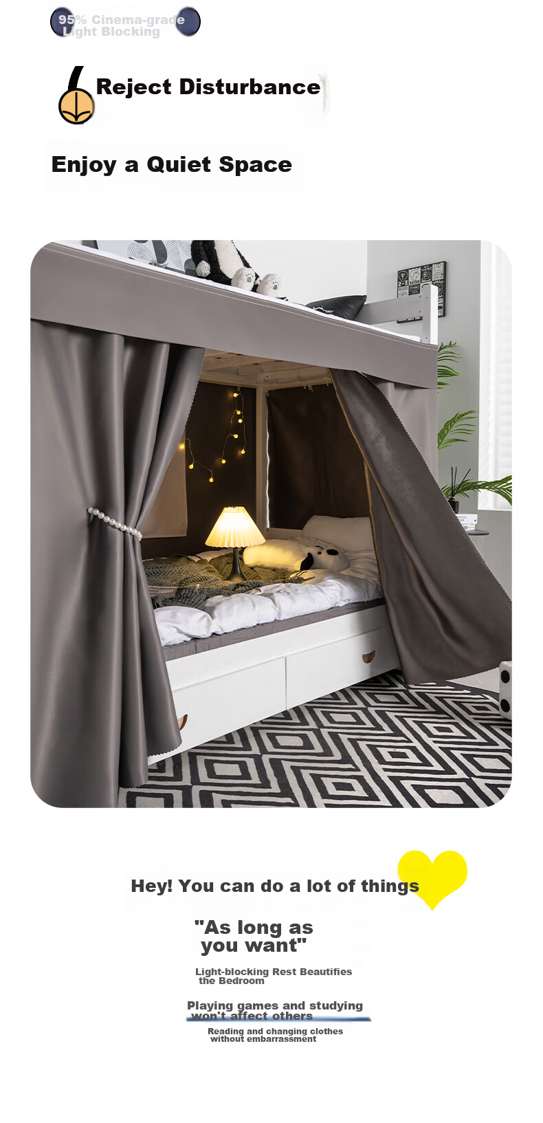 Yunjin Dormitory Bed Curtain Lower Bunk U-Shaped Sliding Rail Strong Light-Blocking Student Privacy Curtain Black Coal Ball/2 Pieces + Bed Rail 10