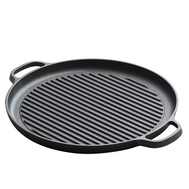 Dianjiang Cast Iron Steak Griddle, Large Size Professional Striped Steak Pan, Flat Bottom Frying Pan, Uncoated Thickened Barbecue Plate, 30cm