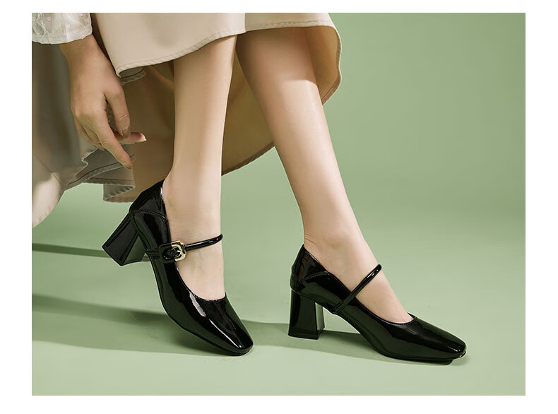 DAPHNE French Mary Jane Shoes for Women, Chunky High Heel with Single Strap, Leather Shoes, Commuter Soft-Soled Flats, Black, Size 35 4