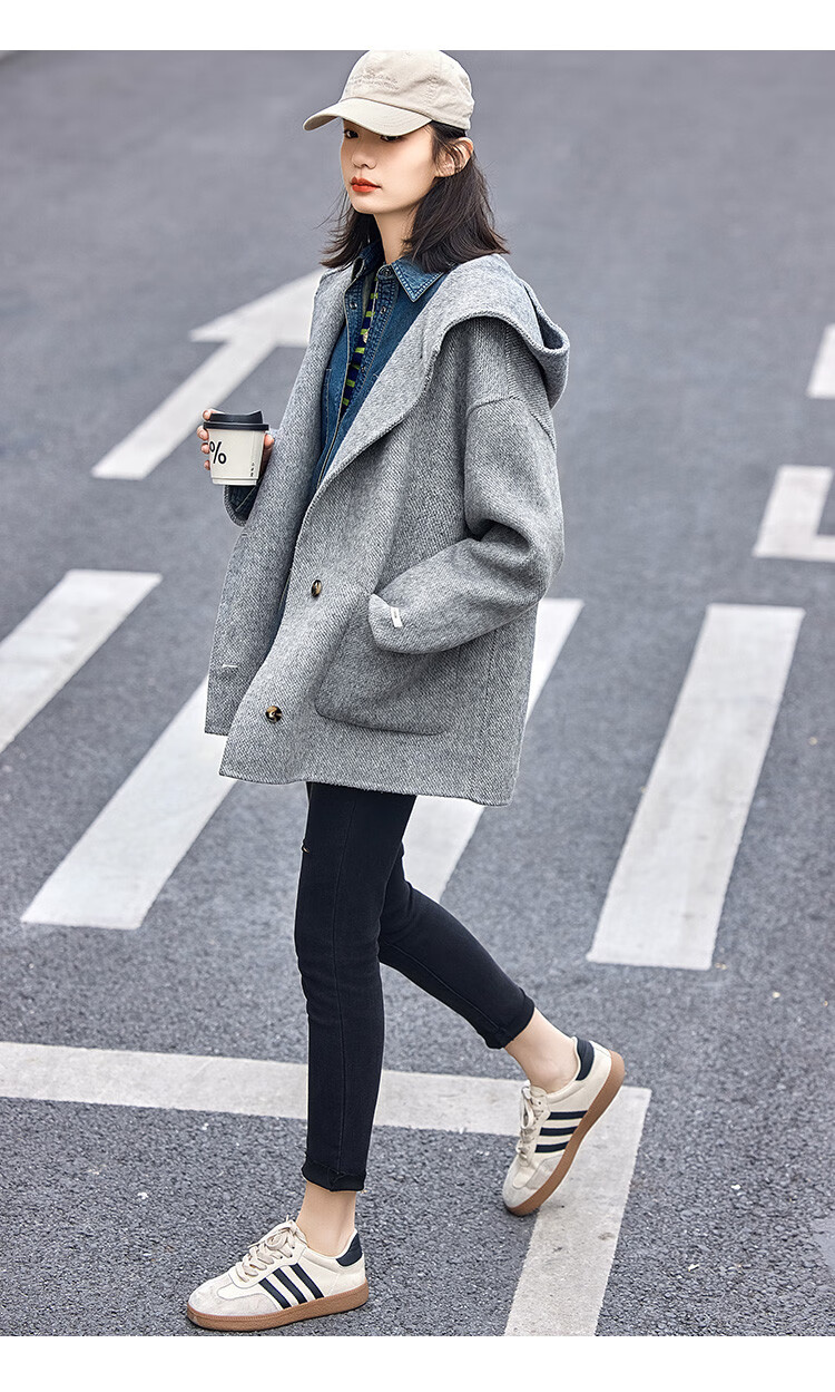 Demana Gray Series Hooded Woolen Coat Winter Loose Long Double-Sided Wool Coat Women Gray L 9