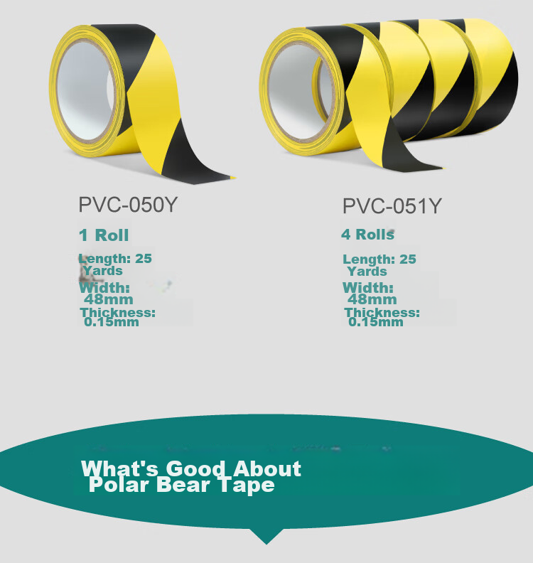 Polar Bear Thickened PVC Yellow And Black Safety Warning Tape, 48mm*25y, 4 Rolls, Waterproof Ground Marking Line, Typhoon Warning Isolation Belt, Factory Floor 5S Positioning PVC-051Y 5